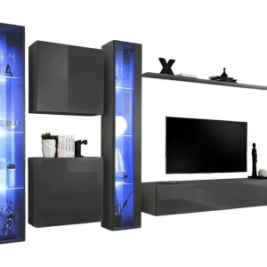 Wandmeubelset voor de woonkamer, design collectie SWITCH XVI, in glanzend grijs. Wandmeubelset voor de woonkamer, design collectie SWITCH XVI, in glanzend grijs.