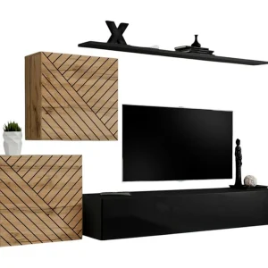 Set woonkamermeubels SWITCH V, eiken/zwart, afwerkingen in gefreesd eiken en glanzend zwart Set woonkamermeubels SWITCH V, eiken/zwart, afwerkingen in gefreesd eiken en glanzend zwart