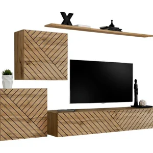 Design meubelset voor woonkamer SWITCH V, in wotan eikenkleur met gefreesde afwerkingen.