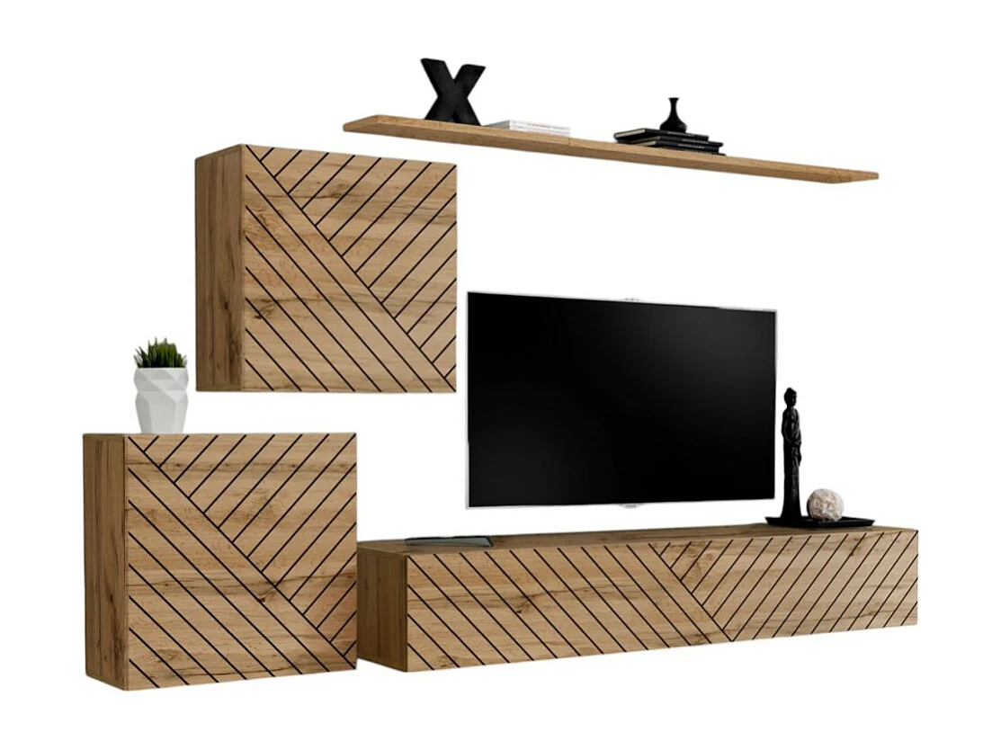 Design meubelset voor woonkamer SWITCH V, in wotan eikenkleur met gefreesde afwerkingen.
