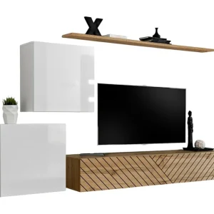 Design meubelset voor de woonkamer SWITCH V, in wit en eiken kleuren. Afwerkingen in glanzend wit en gefreesd eiken. Design meubelset voor de woonkamer SWITCH V, in wit en eiken kleuren. Afwerkingen in glanzend wit en gefreesd eiken.