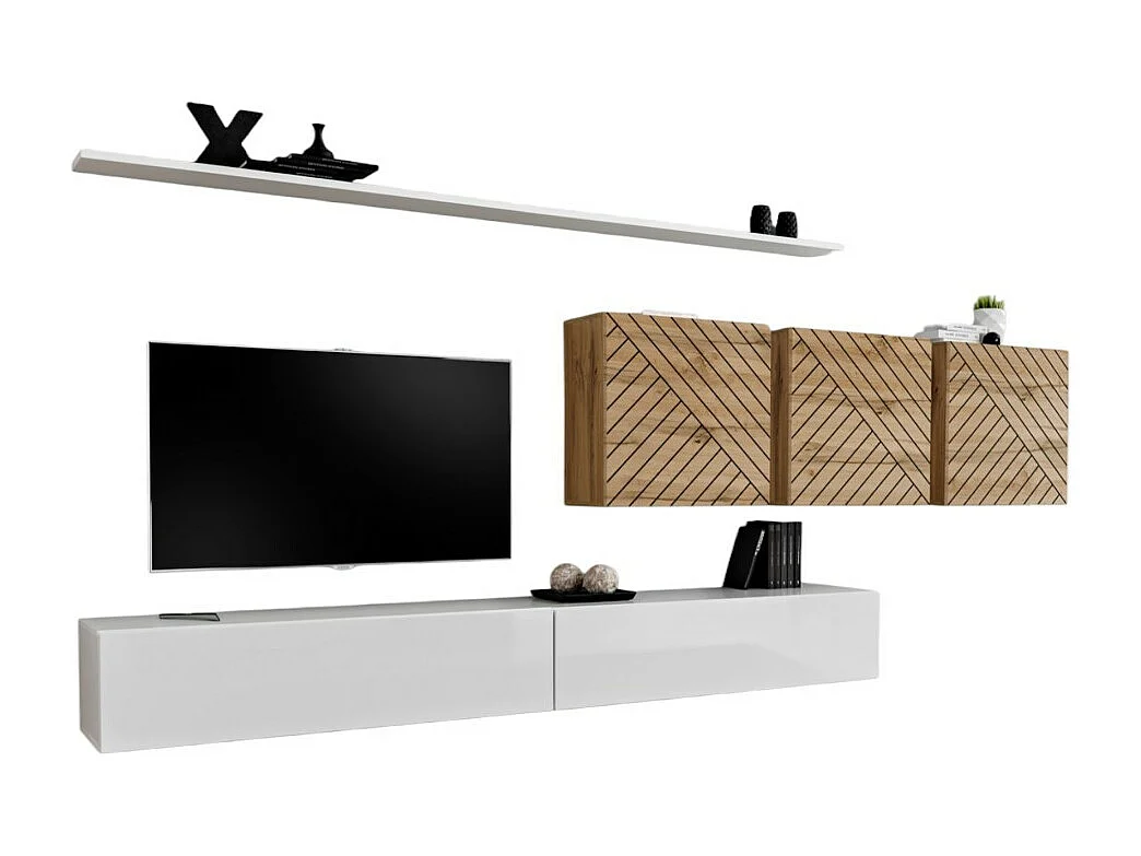 Design woonkamermeubelset uit de SWITCH VII collectie, in wit en eiken met gefreesde afwerkingen.
