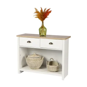 Console met 1 plank en 2 lades koloniaal ontwerp – 97x35xH76 cm, witte kleur en licht eiken blad – Collectie MADERA Console met 1 plank en 2 lades koloniaal ontwerp – 97x35xH76 cm, witte kleur en licht eiken blad – Collectie MADERA