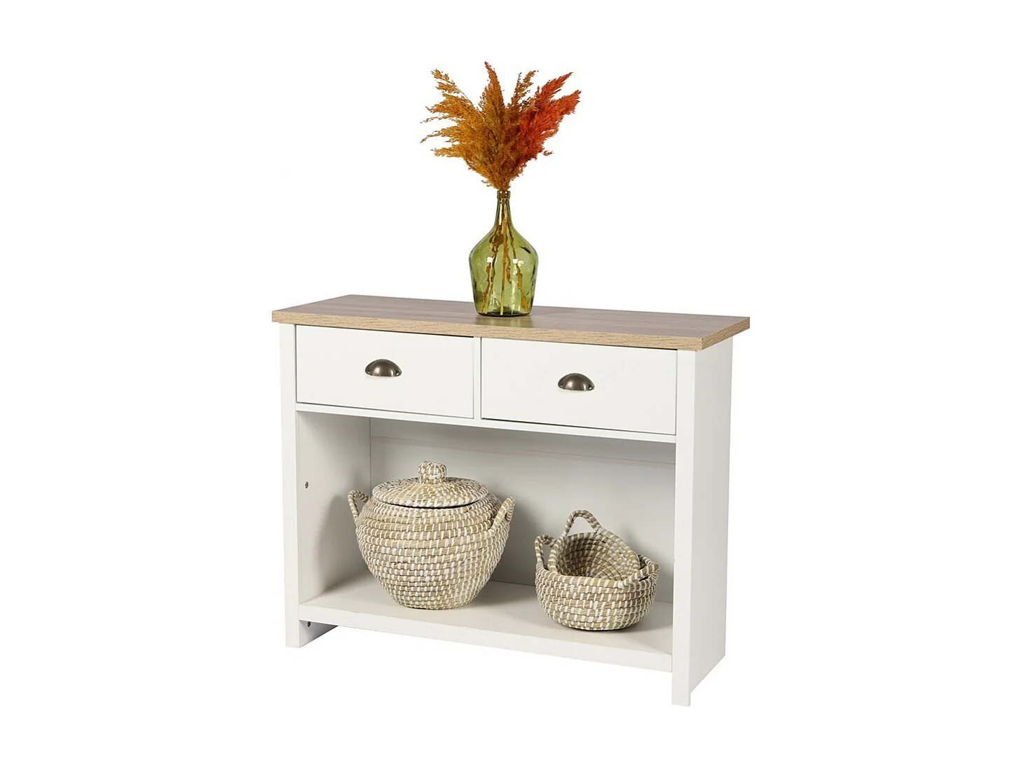 Console met 1 plank en 2 lades koloniaal ontwerp - 97x35xH76 cm, witte kleur en licht eiken blad - Collectie MADERA