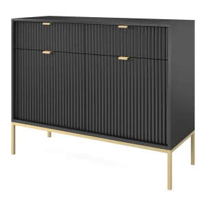 Design commode NOVA – Kleur: Zwart, Geriffelde voorkant, 2 deuren, 2 laden, 83x104x39cm, Gouden metalen poten, veelzijdig meubel Design commode NOVA – Kleur: Zwart, Geriffelde voorkant, 2 deuren, 2 laden, 83x104x39cm, Gouden metalen poten, veelzijdig meubel
