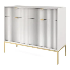 Design commode NOVA – Kleur: Grijs, Geriffelde voorkant, 2 deuren, 2 laden, 83x104x39cm, Gouden metalen poten, veelzijdig meubel Design commode NOVA – Kleur: Grijs, Geriffelde voorkant, 2 deuren, 2 laden, 83x104x39cm, Gouden metalen poten, veelzijdig meubel