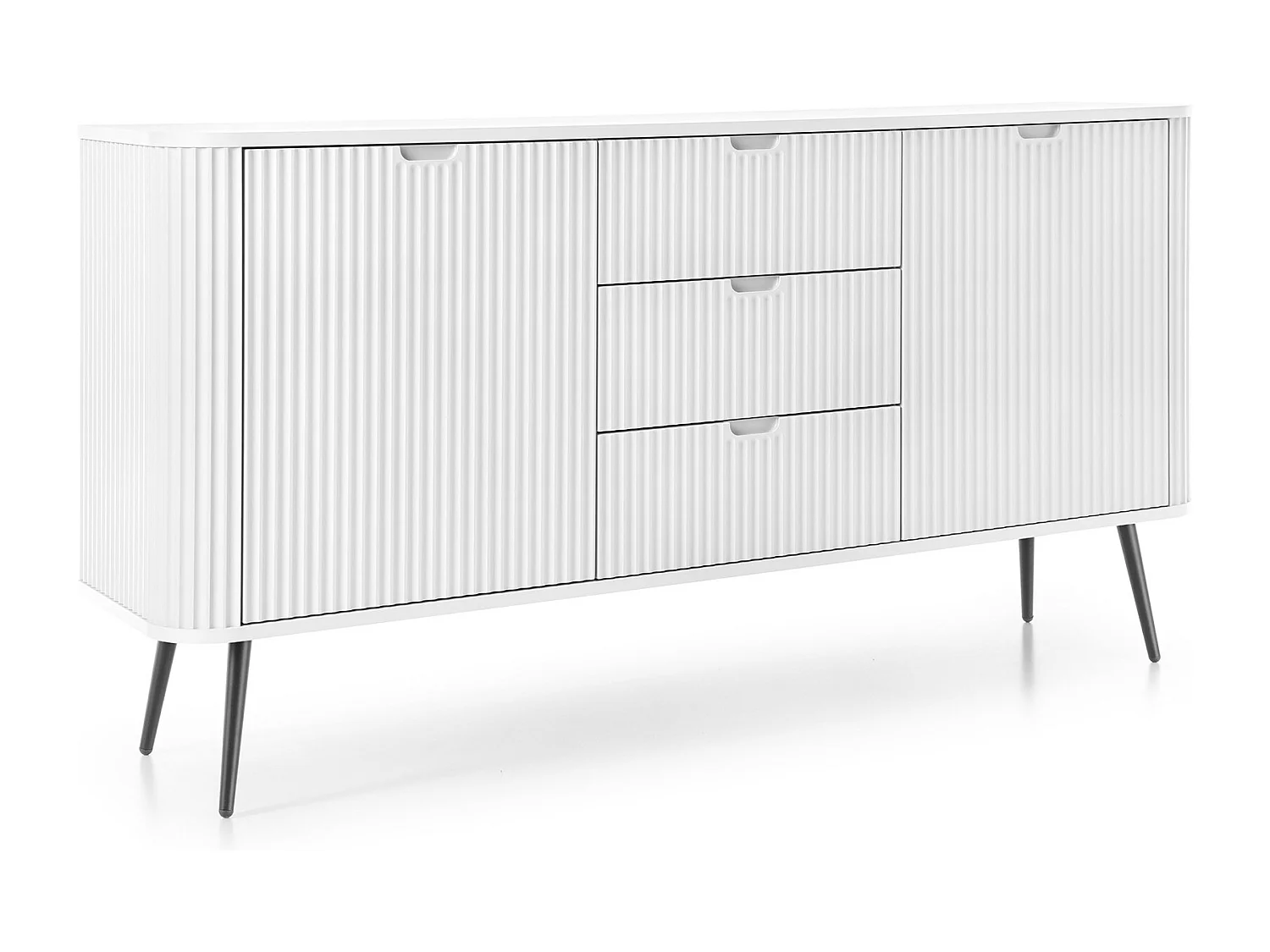 Brede ZOVA commode 168 cm met 3 lades, 2 kasten, vrije handgrepen – Moderne opbergoplossing met zwarte metalen poten 168/87/39 cm, kleur: Wit