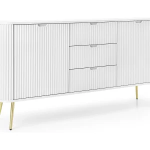 Brede ZOVA commode 168 cm met 3 lades, 2 kasten, vrije handgrepen – Moderne opbergoplossing met gouden metalen poten 168/87/39 cm, kleur: Wit