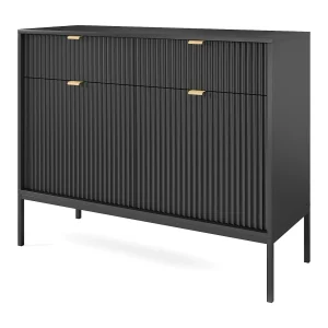 Design commode NOVA – Kleur: Zwart, Geriffelde voorkant, 2 deuren, 2 laden, 83x104x39cm, Zwarte metalen poten, veelzijdig meubel