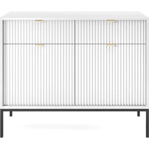 Design commode NOVA – Kleur: Wit, Geriffelde voorkant, 2 deuren, 2 laden, 83x104x39cm, Zwarte metalen poten, veelzijdig meubel Design commode NOVA – Kleur: Wit, Geriffelde voorkant, 2 deuren, 2 laden, 83x104x39cm, Zwarte metalen poten, veelzijdig meubel