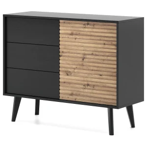 Commode WILLOW 104 cm Zwart Artisan Eiken – 3 Lades, Push-to-Open, Loftstijl, Geprofileerde Front, Houten Poten