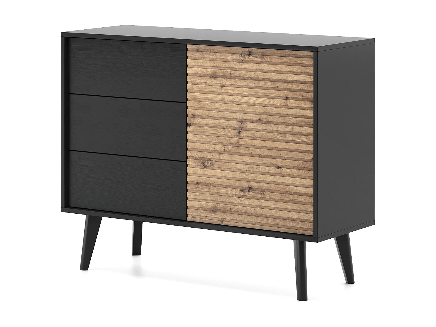 Commode WILLOW 104 cm Zwart Artisan Eiken – 3 Lades, Push-to-Open, Loftstijl, Geprofileerde Front, Houten Poten