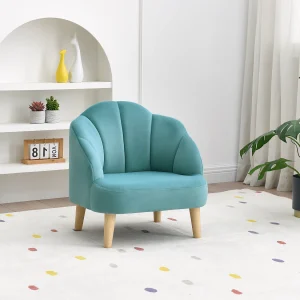 Kuipfauteuil in blauw fluweel met onderstel met houtlook voor kinderen COBACA Kuipfauteuil in blauw fluweel met onderstel met houtlook voor kinderen COBACA