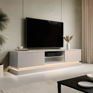 Tv-meubel in MDF met 2 lades, 2 vakken en ledverlichting – Beige en witte marmerlook – DEVIKA