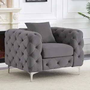 Chesterfield-fauteuil van antracietgrijs velours en metalen poten EDWINA Chesterfield-fauteuil van antracietgrijs velours en metalen poten EDWINA