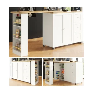 Draaibare barkast – 2 deuren, 2 laden en opbergplanken – 138/209 x 39 x 104 cm – MDF hout en glas – Wit + naturel