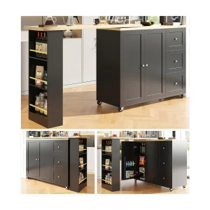 Draaibare barkast – 2 deuren, 2 laden en opbergplanken – 138/209 x 39 x 104 cm – MDF hout en glas – Zwart + naturel