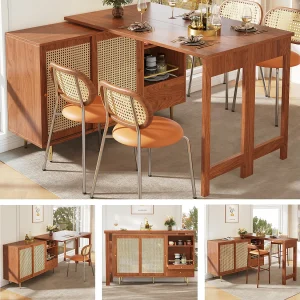 Draaibare barkast – 2 deuren, laden en opbergplanken – MDF en rotan-effect – Bruin