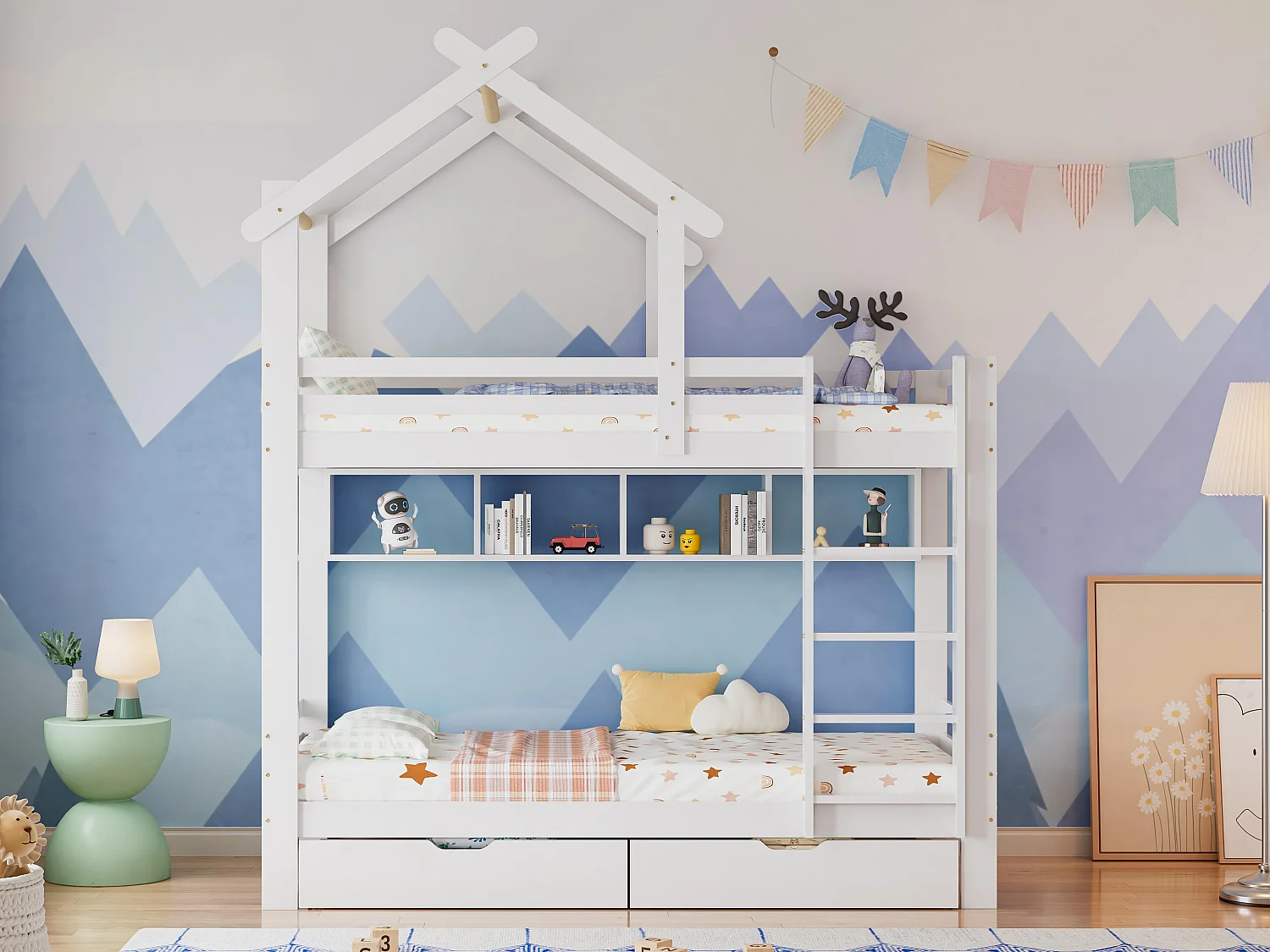 Cabine stapelbed 90x200cm in massief grenen met laden en planken + lattenbodems - Wit
