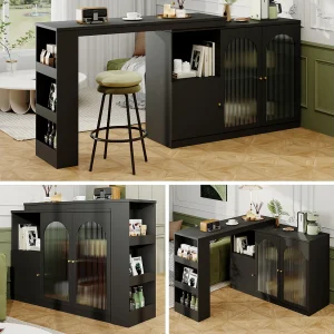 Draaibare barkast – 3 deuren en opbergplanken – MDF-hout en glas – voor eetkamer of woonkamer – Zwart