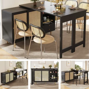 Draaibare barkast – 2 deuren, laden en opbergplanken – MDF en rotan-effect – Zwart