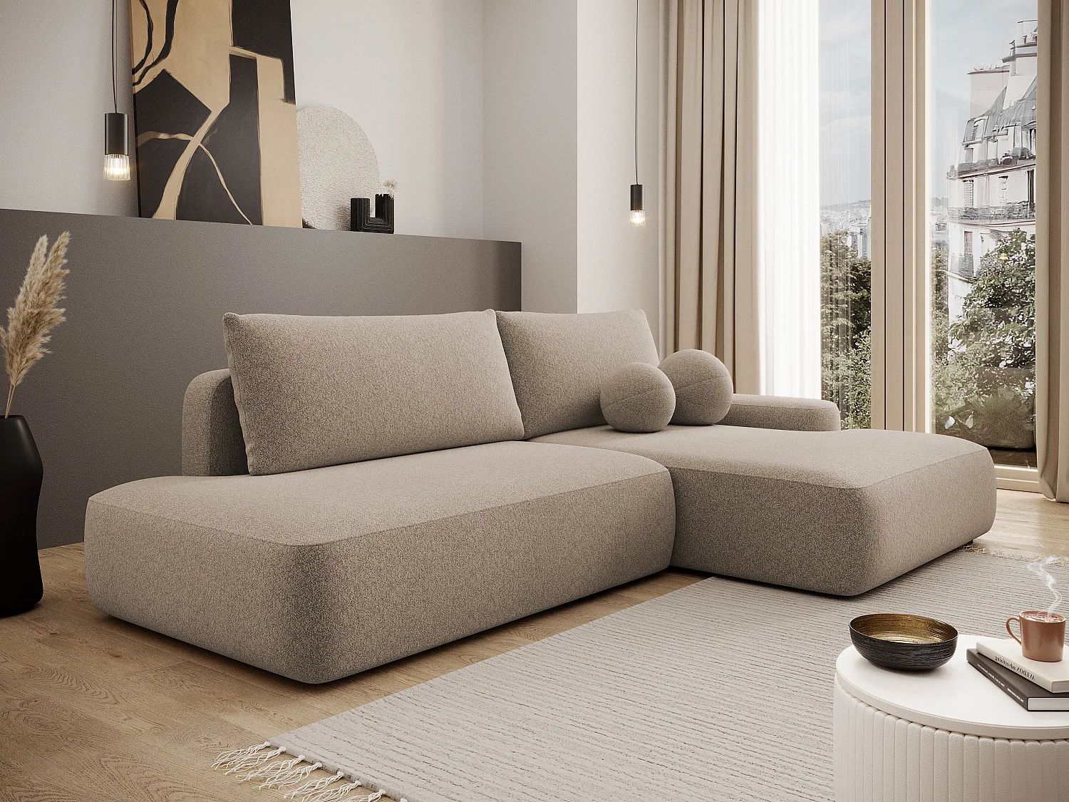 Slaapbank met open rechtse hoek in taupe stof met textuur DAVISO
