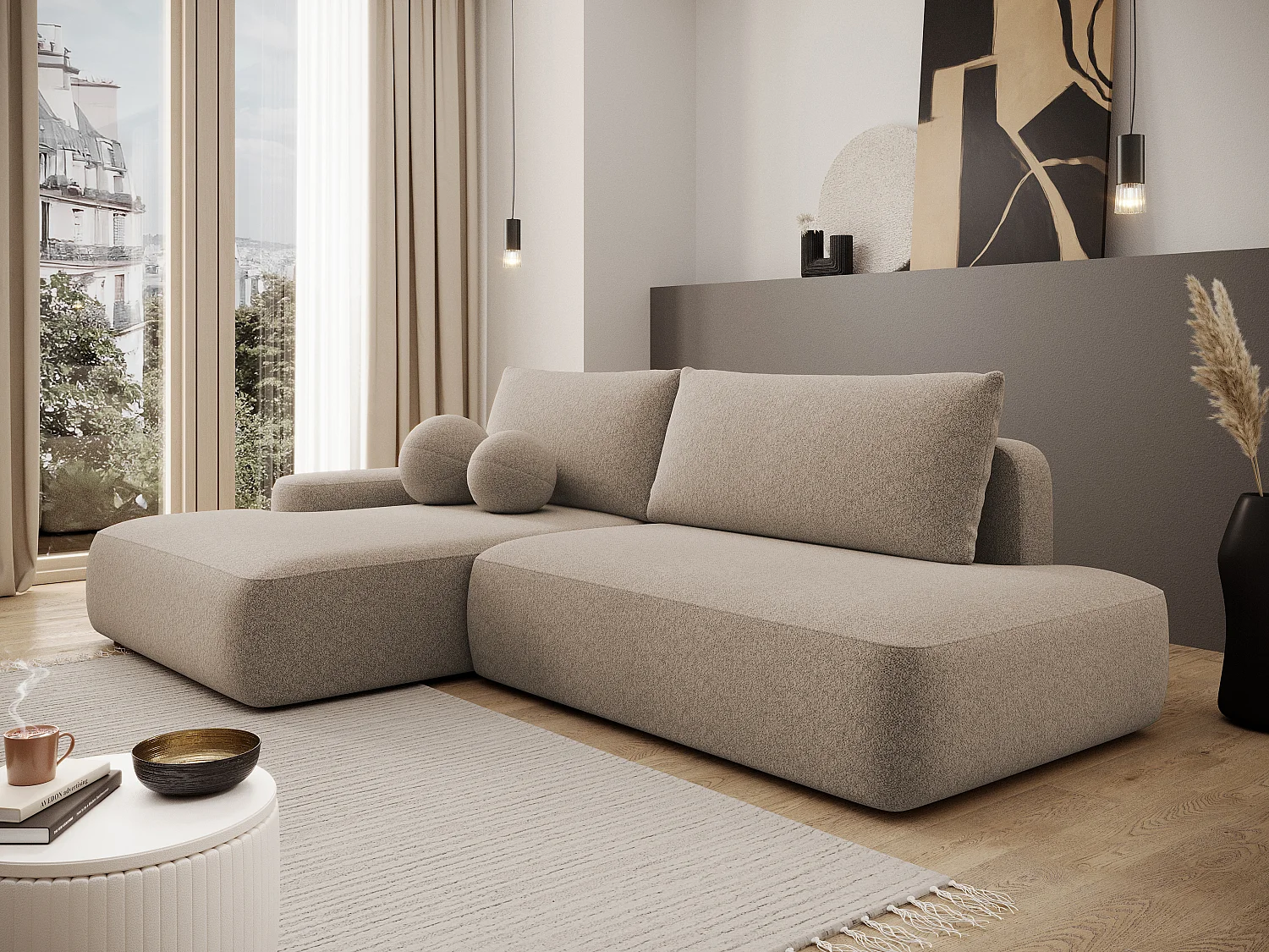 Slaapbank met open linkse hoek in taupe stof met textuur DAVISO