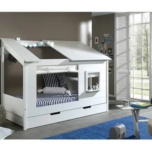 Cabinebed 90×200 cm met wit massief grenen gordijn met Paraderaam