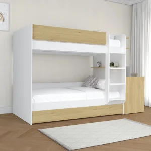 Stapelbed met bedlade 3 x 90 x 190 cm en 2 bureaus, wit en naturel + matras – DOMATI Stapelbed met bedlade 3 x 90 x 190 cm en 2 bureaus, wit en naturel + matras – DOMATI