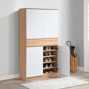Schoenenmeubel met 4 deurtjes en 1 lade – Wit en naturel – COVIANA