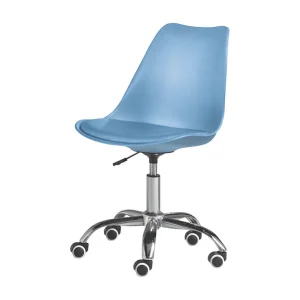 "Dorian" blauwe draaibare bureaustoel in polypropyleen met eco-lederen zitting en verchroomde metalen voet cm 49×47 82/96h