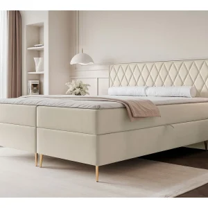 Continentaal bed – 160×200 cm – in lichtbeige fluwelen stof – CARESSO Continentaal bed – 160×200 cm – in lichtbeige fluwelen stof – CARESSO