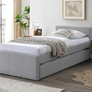 Uitschuifbed 90 x 190 cm in grijze stof + matras – DORITALO