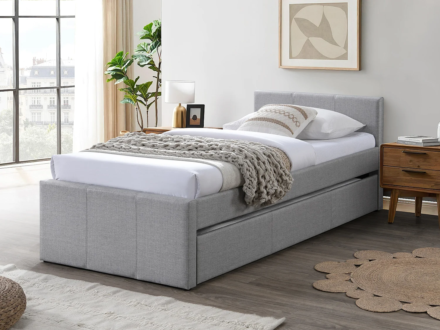 Uitschuifbed 90 x 190 cm in grijze stof + matras - DORITALO