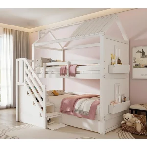 Cabin stapelbedden, 2x90x200cm, met opbergruimte trappen en laden en planken Cabin stapelbedden, 2x90x200cm, met opbergruimte trappen en laden en planken