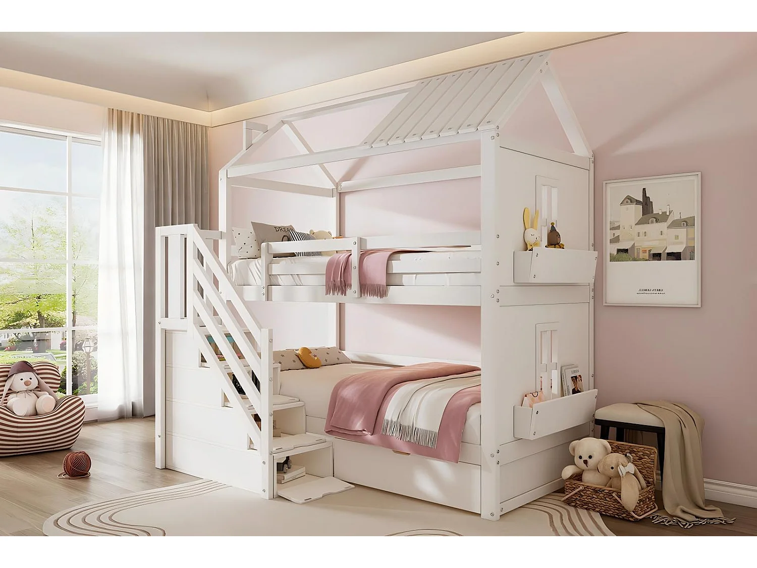 Cabin stapelbedden, 2x90x200cm, met opbergruimte trappen en laden en planken