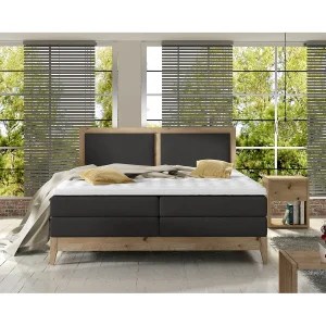 Continental bed BELIZE in massieve eik naturel, 140×200, topmatras en comfortmatras topper, grafietkleur