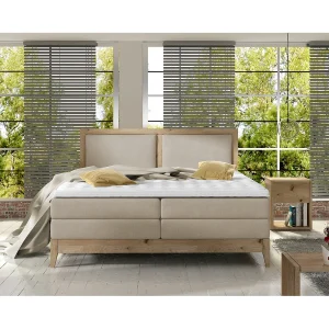 Continental bed BELIZE in massieve eik natuur, 180×200, ergonomische matras met opleg van koudschuim, houtdecor, beige