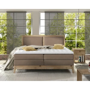 Continental bed BELIZE in massieve eik naturel, 140×200, topmatras en comfortmatras topper, cappuccino kleur