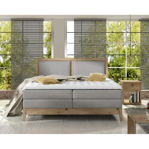Continental bed BELIZE in massieve eik naturel, 180×200, ergonomische matras met opleg van koudschuim, houtdecor, essenhoutkleur