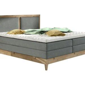 Continentaal bed BELIZE in massieve eik natuur, 180×200, ergonomische matras met opleg van koudschuim, houtdecor, grijs