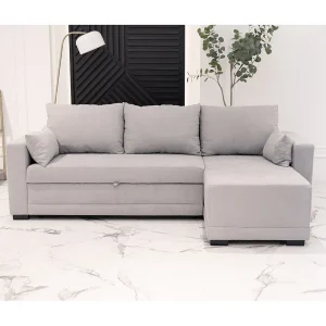 Slaapbank 3 zitplaatsen Lichtgrijs – chaise longue omkeerbaar rechts/linksche (233 x 140 x 69 cm) – LEAH Slaapbank 3 zitplaatsen Lichtgrijs – chaise longue omkeerbaar rechts/linksche (233 x 140 x 69 cm) – LEAH