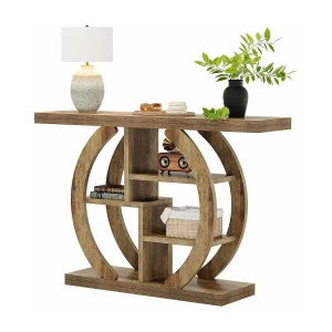 Consoletafel met 4 lagen, 108 cm, met ronde voet, van hout met opbergplanken, voor woonkamer, hal, hal, licht eikenbruin