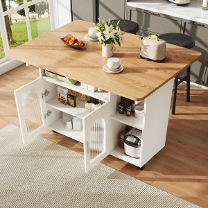 Central Kitchen Island 2 deuren en 3 plank, met draaikauw, opvouwbare tafel, 120×30/70×79.5cm, wit