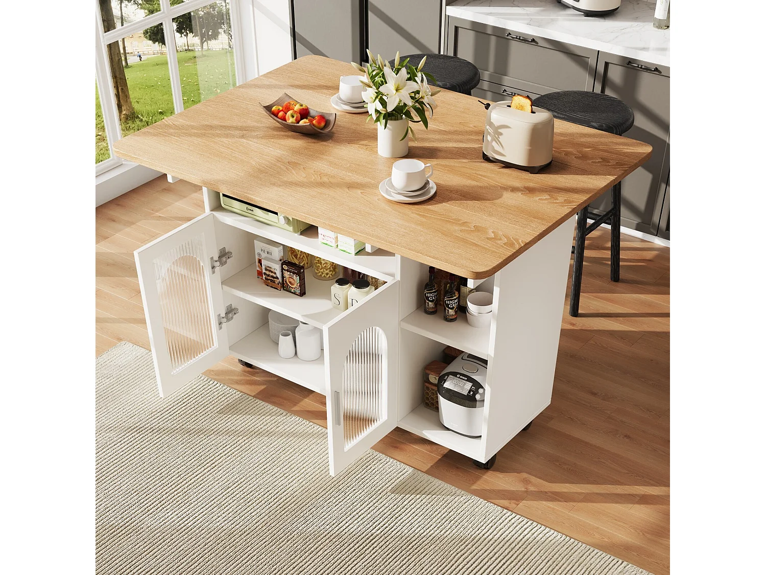 Central Kitchen Island 2 deuren en 3 plank, met draaikauw, opvouwbare tafel, 120x30/70x79.5cm, wit