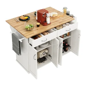 Central Keukeneiland in MDF -panelen, met opslag, zwenkwielen, opvouwbare tafel, 106×50/78×90,5 cm, wit