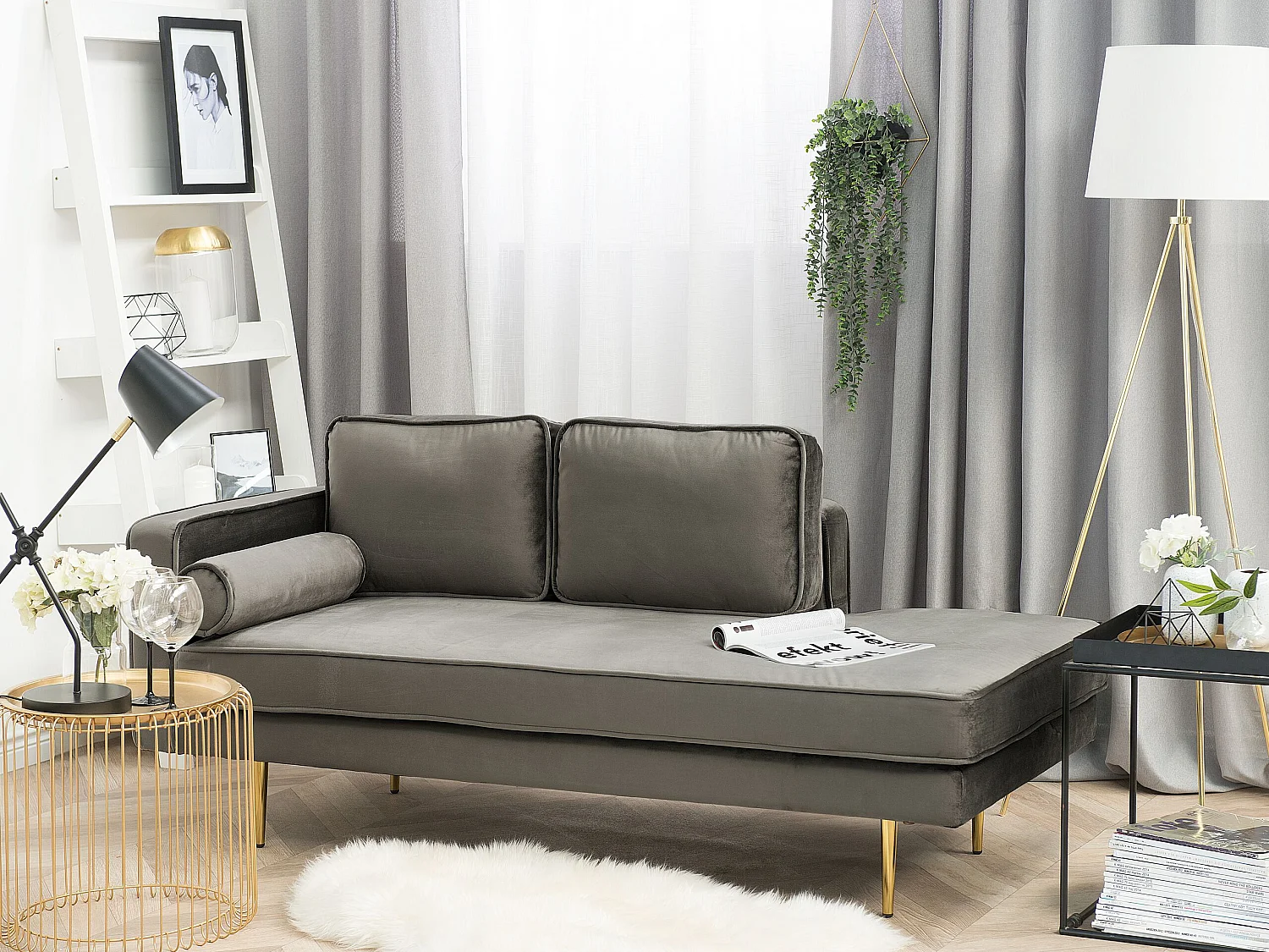 Chaise longue fluweel taupe linkszijdig MIRAMAS