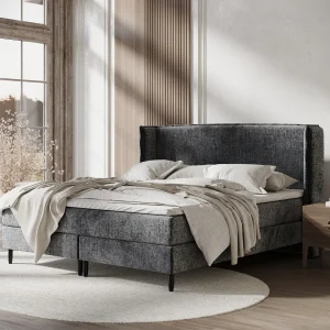 Boxspringbed met hoofdeinde van chenillestof – Ardis – matras en dekmatras – 140×200 cm – grafiet
