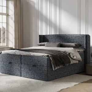 Boxspringbed met hoofdeinde van geweven stof – Passion – matras en dekmatras – 140×200 cm – marineblauw