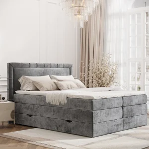 Boxspringbed met hoofdeinde van chenillestof – Rosabel – matras en dekmatras – 180×200 cm – grijs